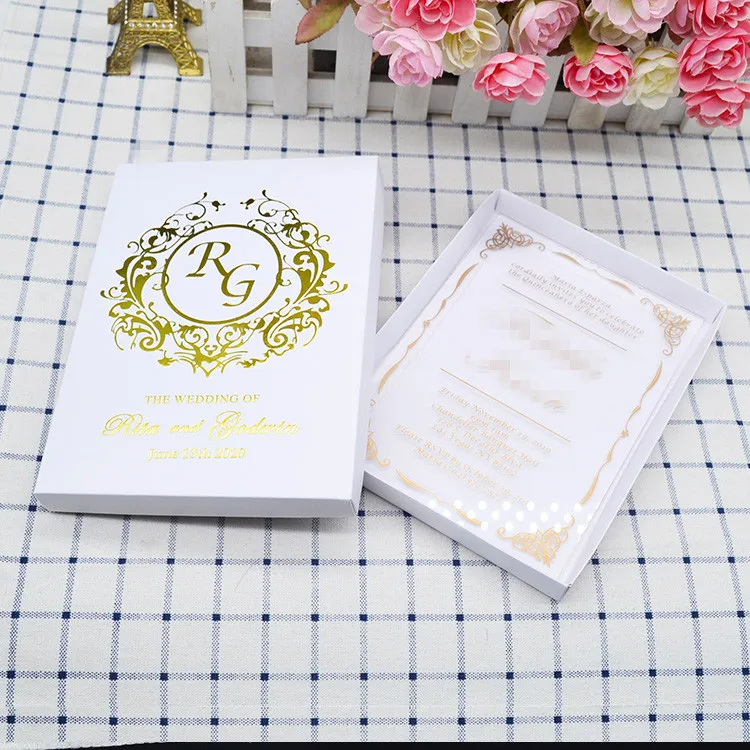 Shimmer white gold foil printed custom wedding invitation box