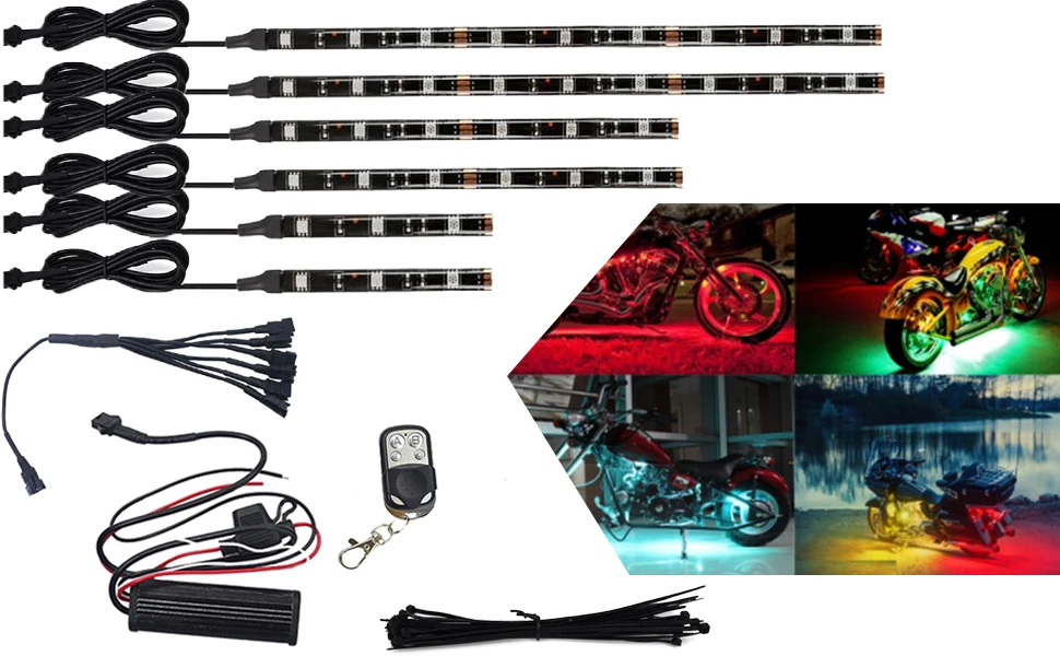 6Pcs Led Light Kits Multi-Color Wireless Remote Control Motorcycle Atmosphere Lamp RGB Flexible Strips Ground Effect Light
