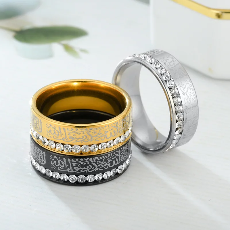 Bagues Pour Hommes Musulmans,Bijou En Pierre De Cristal Simple Rangée,En Or Blanc,Argent