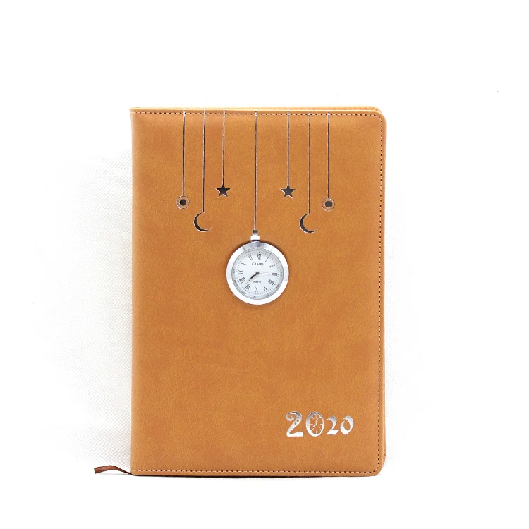 Cheap fancy stationary A5 Hardcover PU Leather Pocket Journal Notebooks with clock