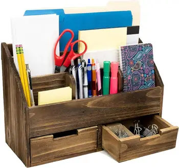 Rustic Wood Office Desk Organizer Includes 6 Compartments And 2
