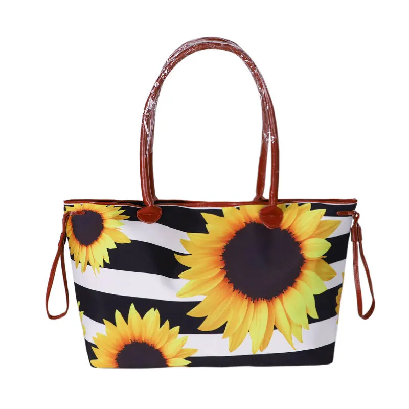 

Wholesale Factory Direct Sale Low Price Multifunction Women Tote Stripe Sunflower Canvas Handbag Sunflower Women Purse, As pics