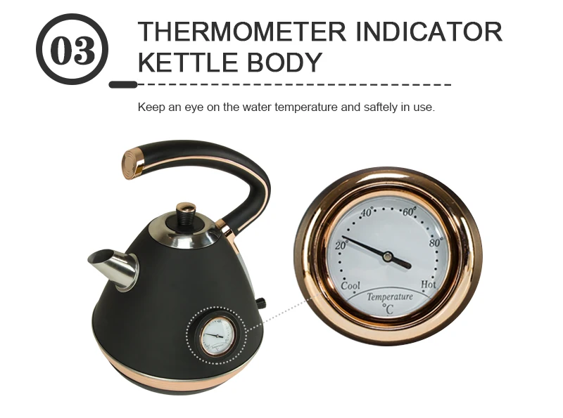 2020 High quality retro rose gold and black color big capacity 1.7L electric water kettle home appliances with thermometer