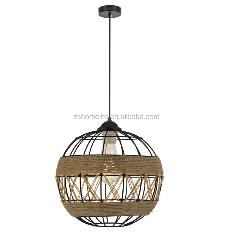 Retro iron art  globe light rattan hanging lampshade  hemp rope lights pendants for residential