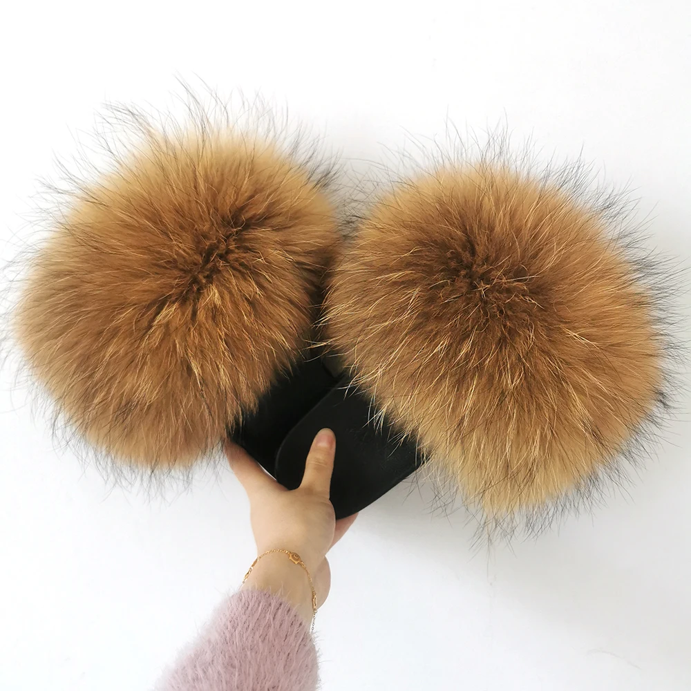 

Fluffy Sandals Ciabatte Racoon Furslides Custom Logo Black Brown Pink Fox Fur Slippers Real Raccoon Fur Slides for Women, As pictures or oem