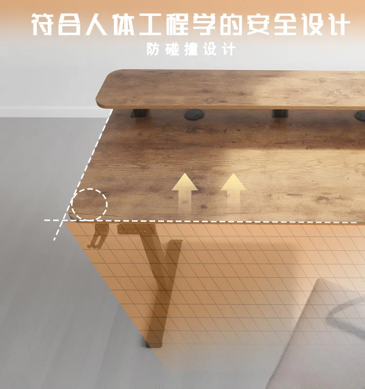 product modern double layer electric lift computer desk adjustable home office study  gaming workbench with iron metal panel wood style-3