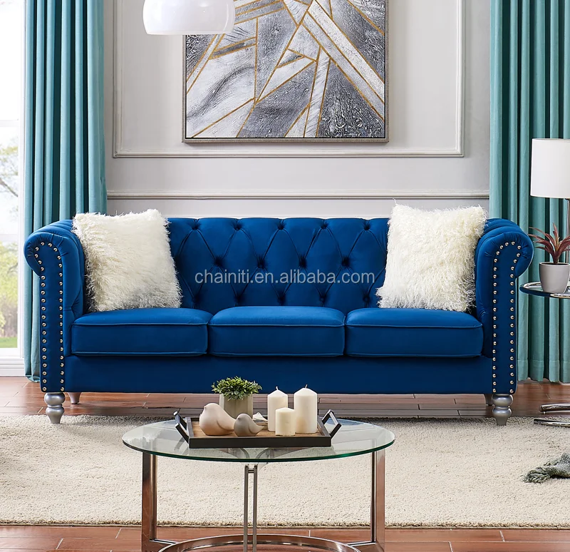 Low Price Sofa Set Modern Living Room Button Tufted Blue Fabric Classic