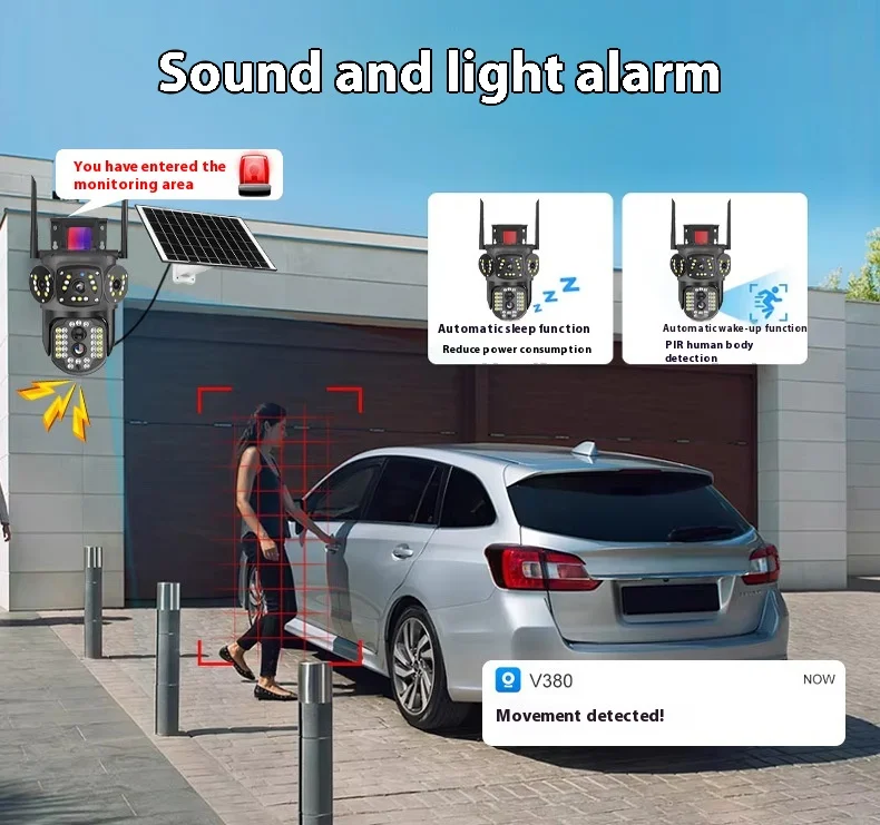 V380Pro Solar Outdoor Waterproof Multi-lens HD Camera 4MP PTZ Smart Camera Human Detection Sound Light Alarm Multi User Monitor