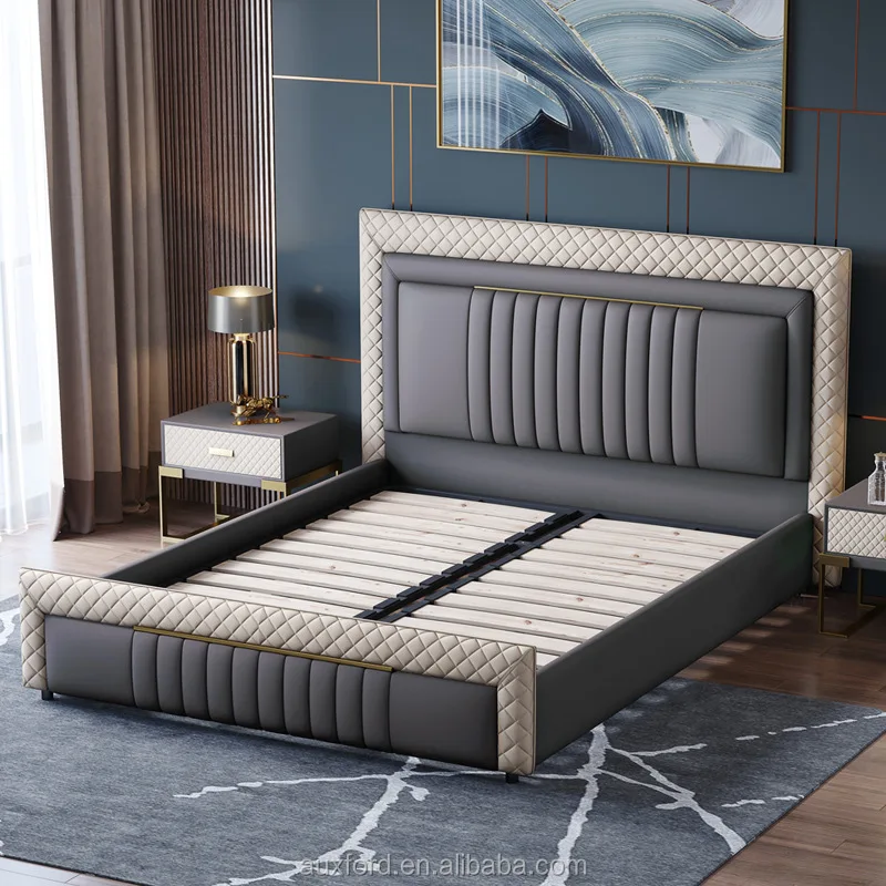 Light Luxury Real Leather Bedroom Beds With Storage Function Tufted