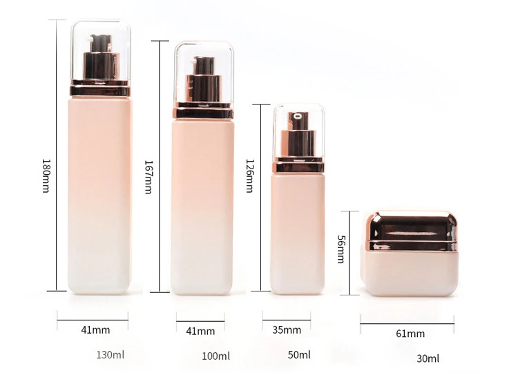 Luxury Cosmetic square glass bottle set -- skincare container manufacturer-- aluminum  with pump&spray&gold cap factory