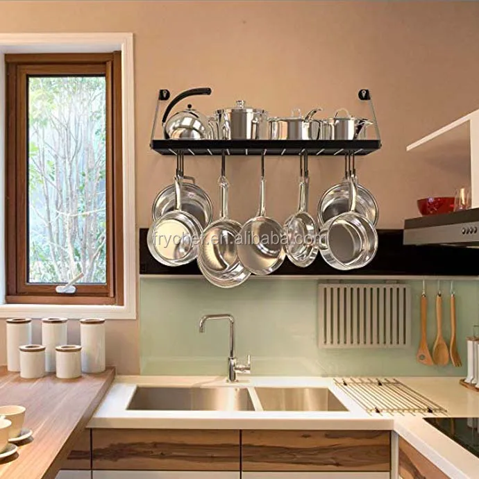 Porte-casseroles Suspendu Au Plafond KES - 85 Cm, 20 Crochets En S, Bronze Huilé - Charge 45 Kg