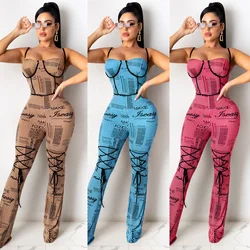2021New Fashion Plus Size Jumpsuit Sexy Suspender Milk Silk Printed Letter Flared Pants Women Jumpsuits