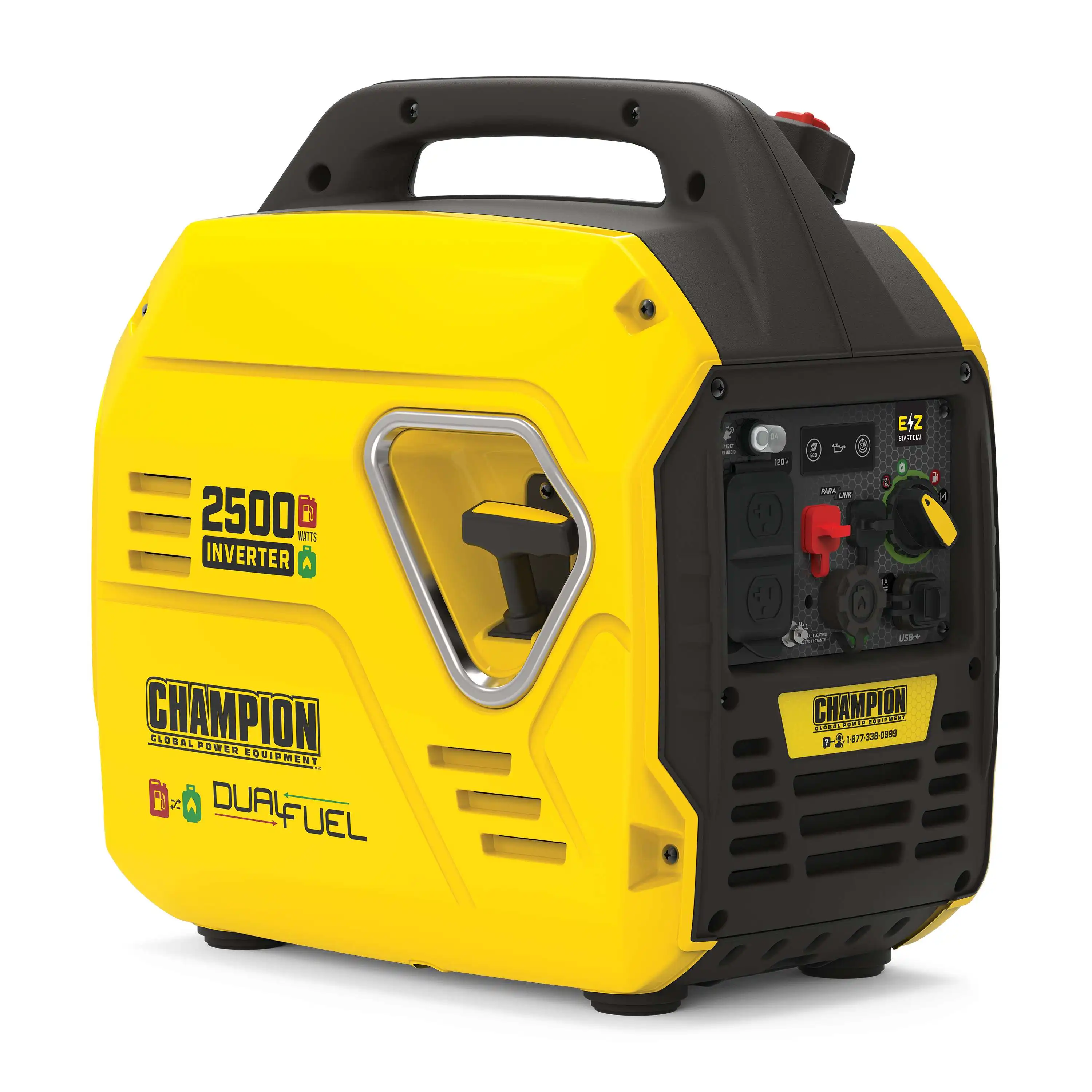 2000W inverter generator powering laptop, mini-fridge, and LED lamp on a picnic table
