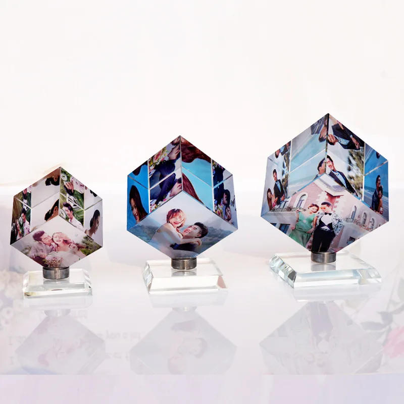 Custom Picture Rotating Crystal Cube Photo Frame With Base For
