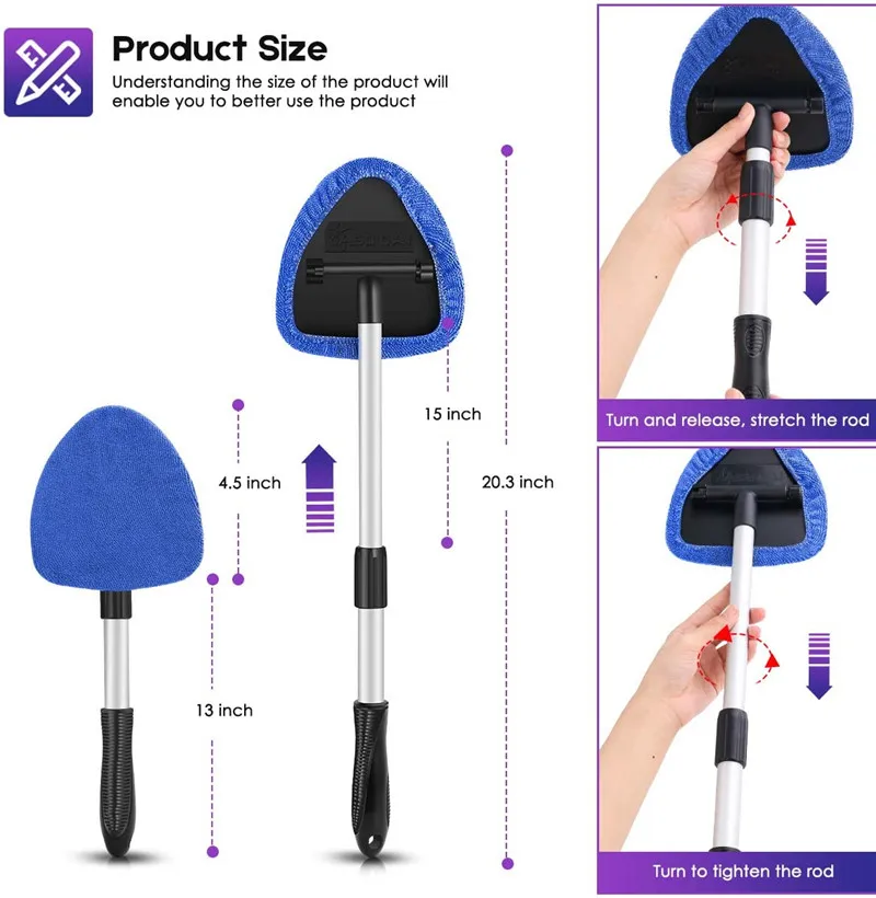 Car Window Cleaner Reusable Washable Microfiber Pads Windshield Cleaning Tool Telescopic