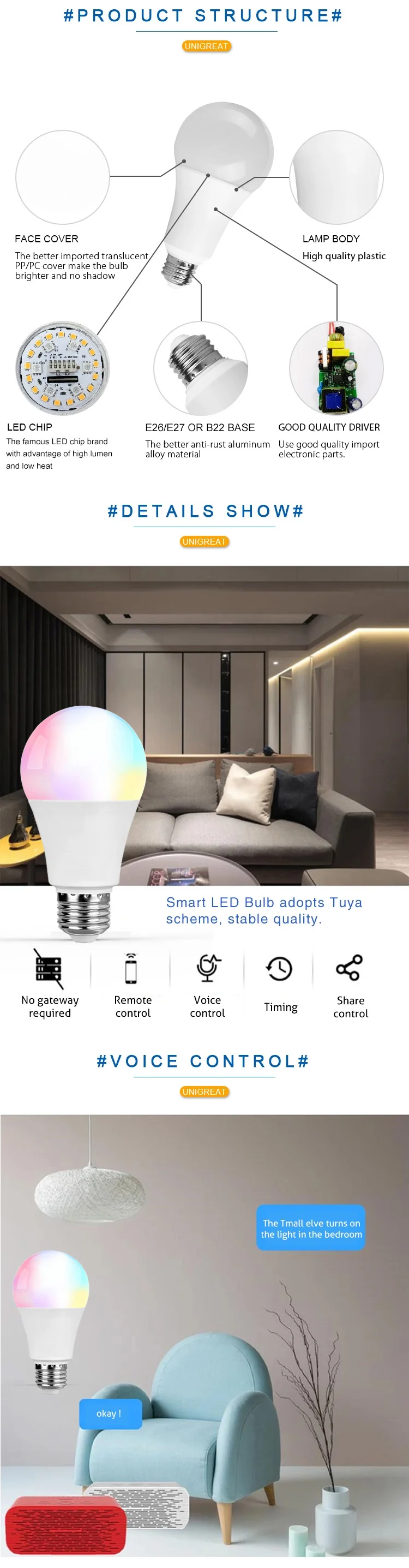 Tuya Alexa Google 9W A60 LED WIFI Bulb Light Super Bright 2700-6500K Adjustable RGB 9W WiFi Smart Bulb Lights