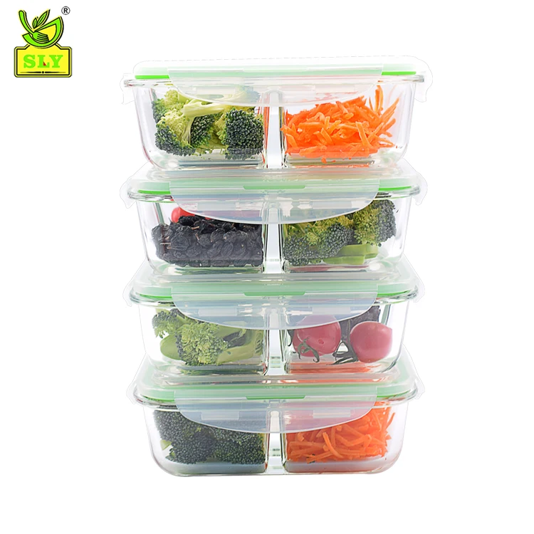 3 Compartments Glass Material Bento Lunch Box 36oz Glass Food Container
