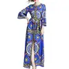 European And American Women Fashion O Neck Wide Cuff Wrist Long Sleeve Belt Waist Split Hooks Front Fancy Print Maxi Dress