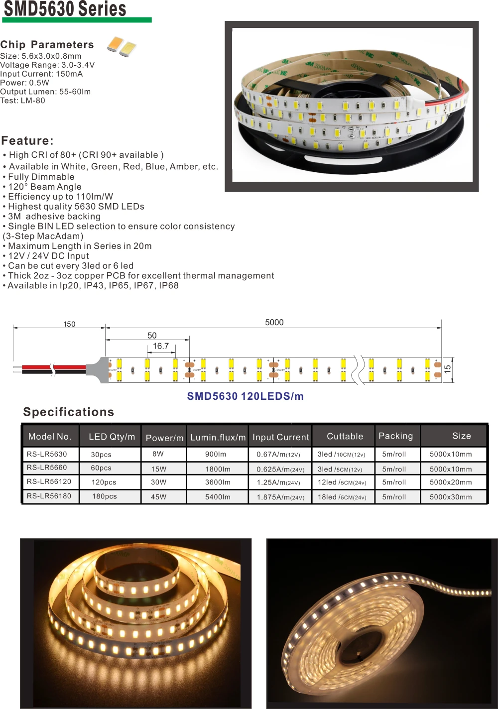 thumbnail image 2 of High CRI 95+ SMD5630 LED Strip Light - 5M, 60W, 300 LEDs - Choose Color Temp 2 of 6
