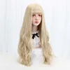 Long Cosplay Full Elastic Lace Blonde Wig Cap 28inch Human Hair Wig with Flat Bangs