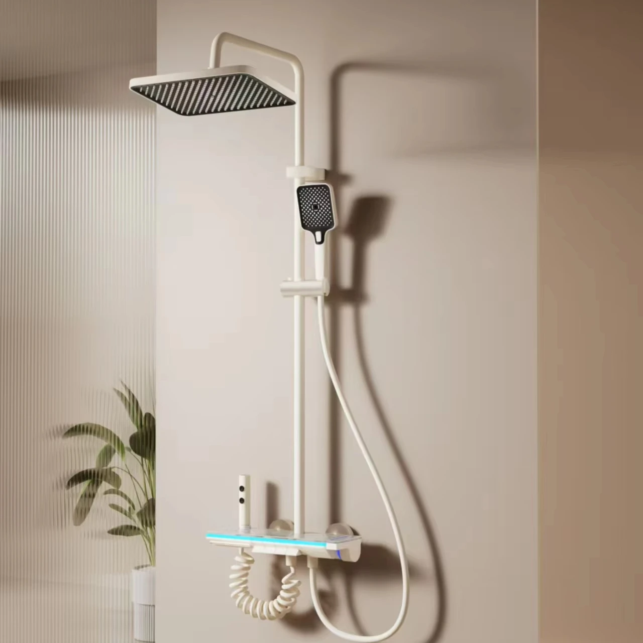 Cream white aluminium shower head set with rain spray pattern and ceramic cartridge