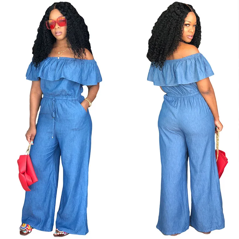 Maining Fashion Playsuit Romper Plus Size Off Shoulder Ruffle Loose Jeans Denim Jumpsuit Women