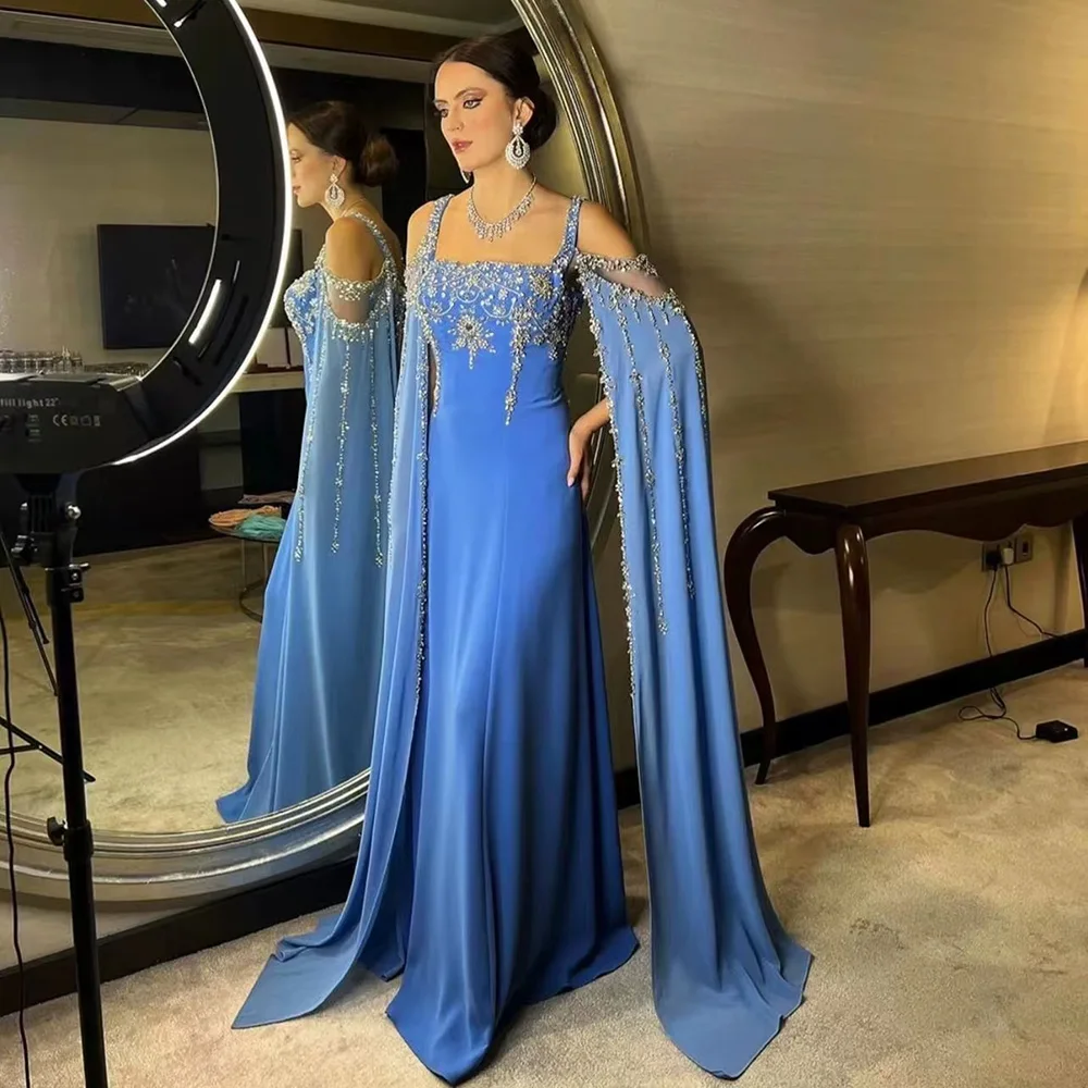 Chic Blue Luxury Crystal Arabic Evening Gown With Flowing Cape Sleeve Women Wedding Formal Dress Lsz305