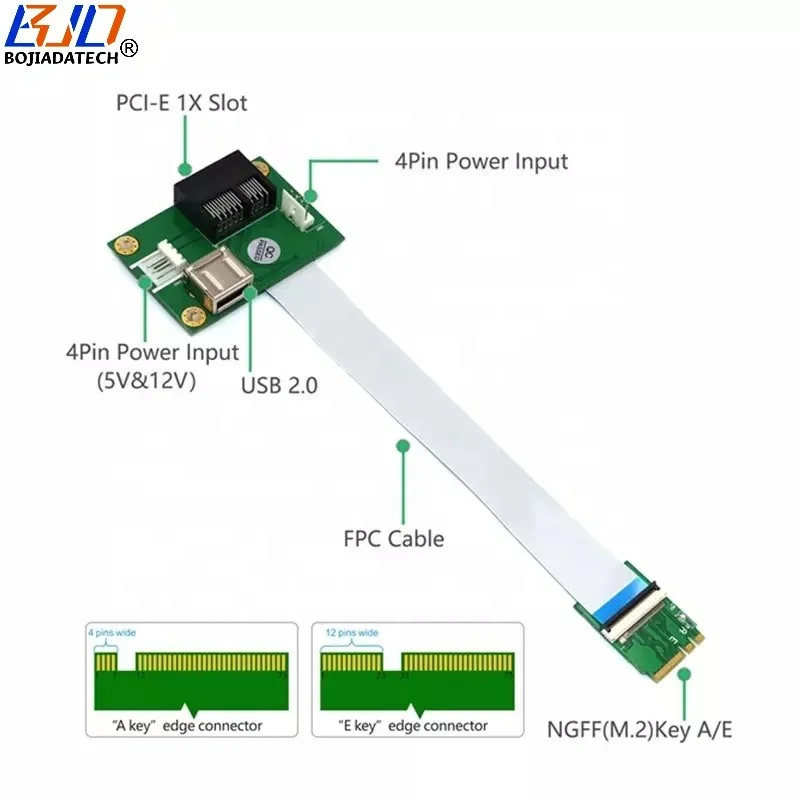 M.2 NGFF Key A E Interface to PCI Express X1 PCI E 1X Slot USB 2.0 Connector Adapter Riser Card With 30CM FPC Cable
