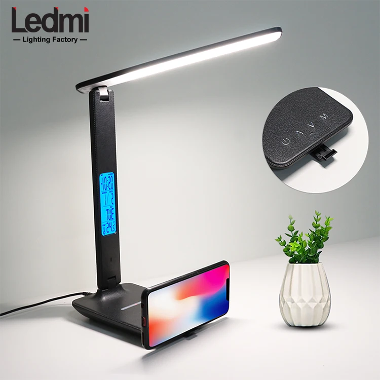 Factory Office Modern leather Desk Lamp With Alarm Custom 5W Modern clock Wireless Charging Desk Lamp with Calendar