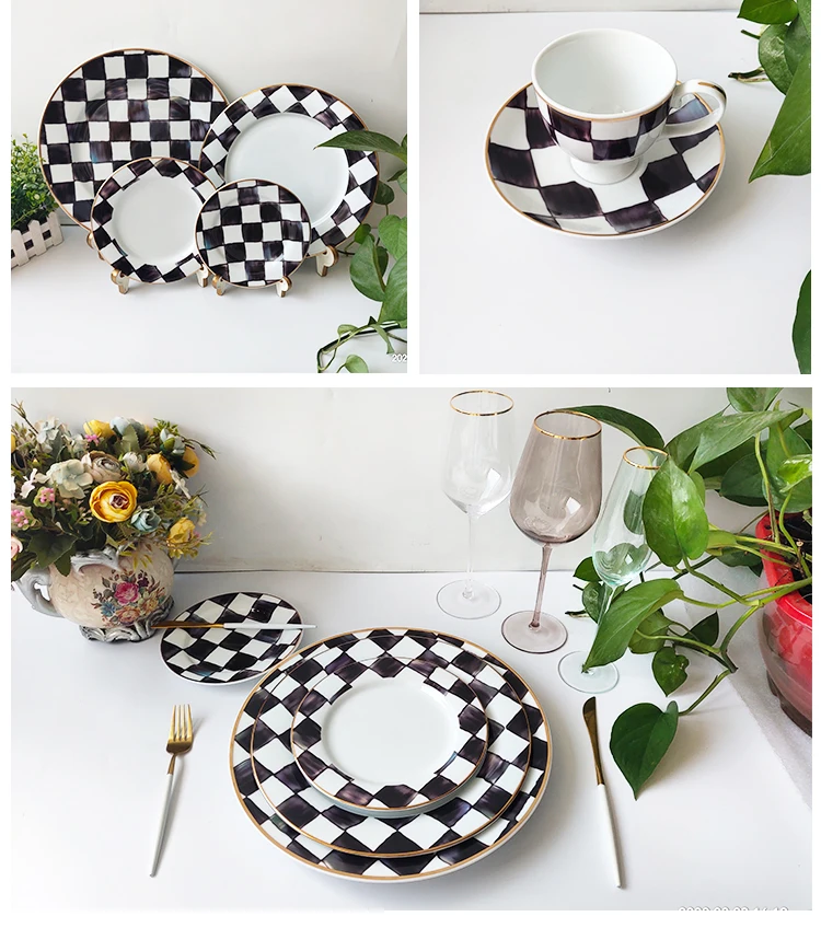 Glaze Color Black And White Checkered Ceramic Plate Chinese Modern