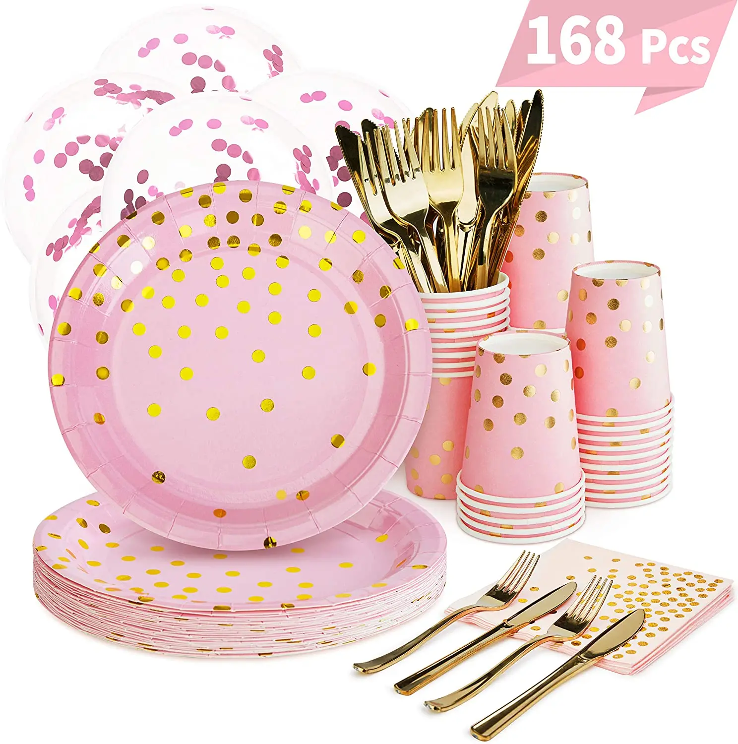 168pcs Pink And Gold Party Supplies Disposable Dinnerware Set Rose Gold ...