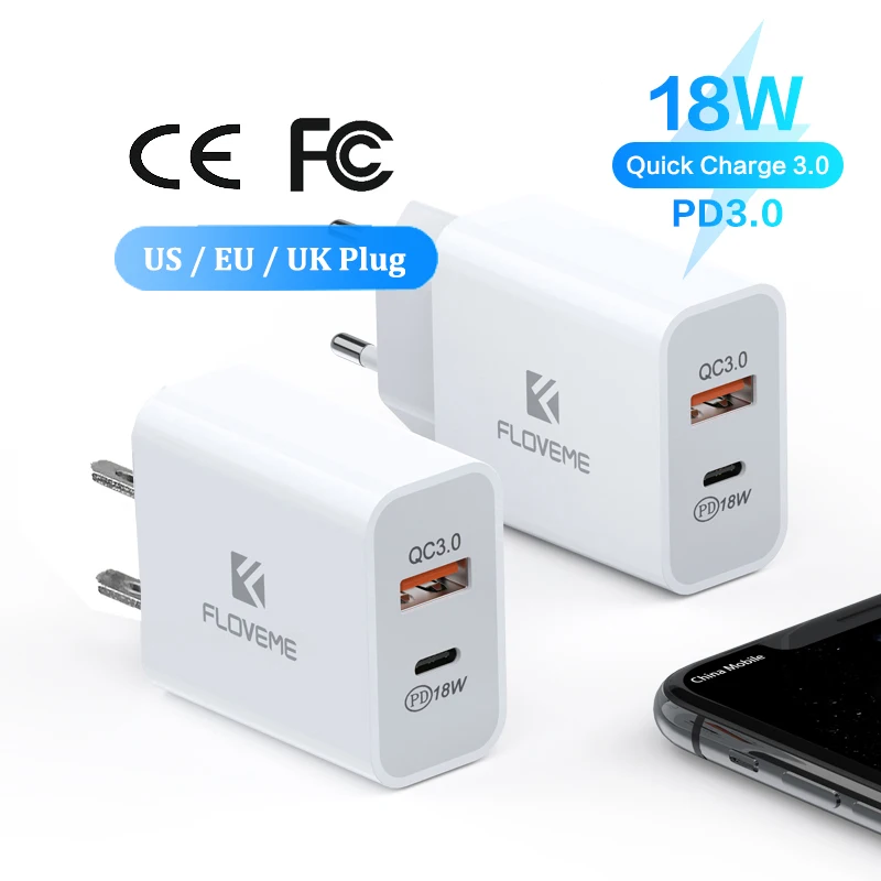 

Free Shipping 1 Sample OK CE FLOVEME Mobile Phone Charging Adapter EU Dual Ports 18W Type C Usb PD Wall Charger For iPhone 12