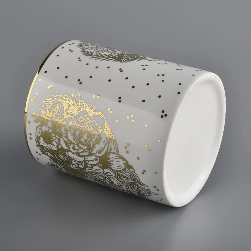 white cylinder ceramic candle jars with gold printing