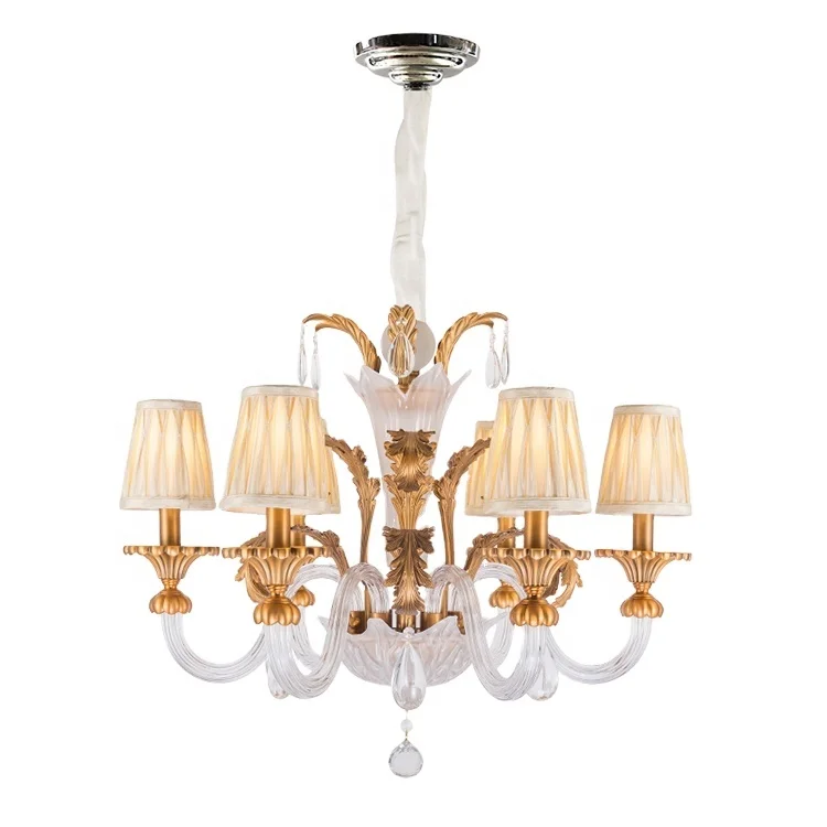 Custom factory price 40w 6 8 heads fabric shade lobby metal gold chandeliers pendant light