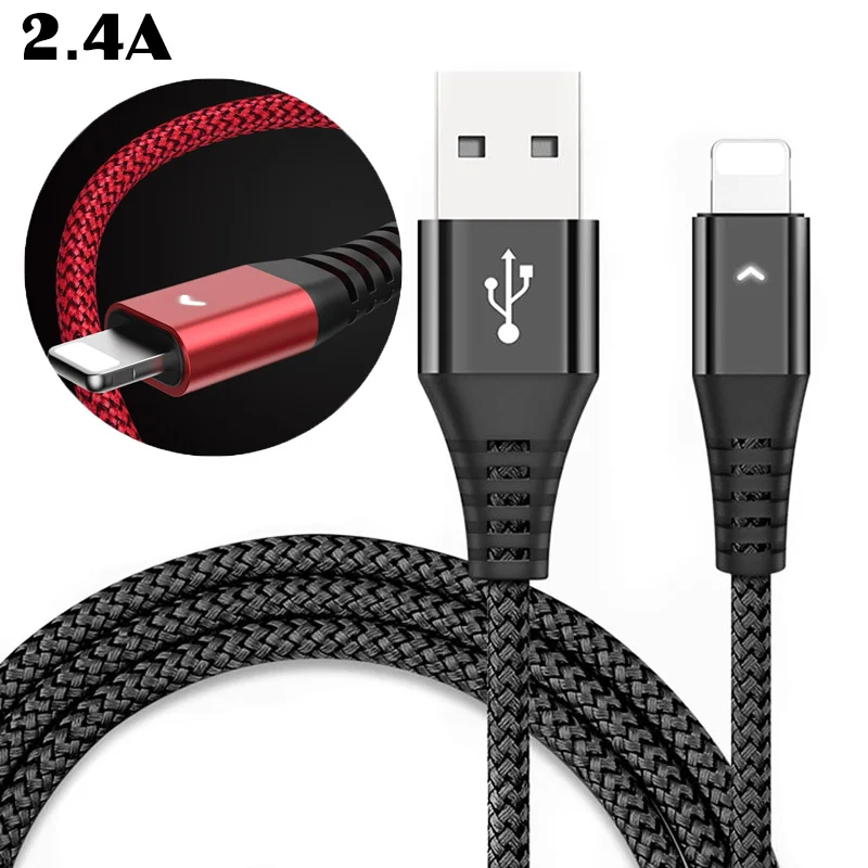 
2019 New Colorful Nylon Braided 2.4A LED Fast Charger Cable USB Data Cable For Iphone Cable 