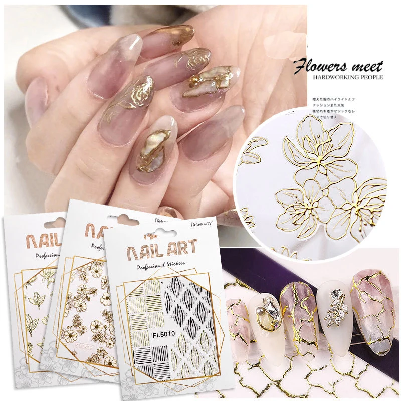 
3D Self Adhesive Nail Art Stickers Golden Lace Butterfly Metal Effect Nail Art Sticker With 20 Designs Choice 
