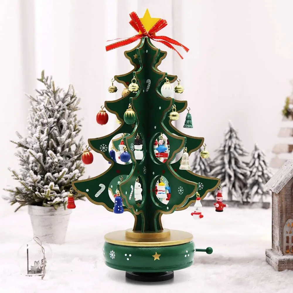 Christmas Tree Rotate Music Box With Ornaments Wooden Mini Christmas