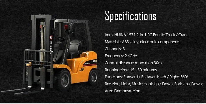 2020 High Quality HUINA 1577 RC Truck 1/10 8CH 2 in 1 Realistic Simulation Alloy Mini Forklift Car Vehicle Toys for Christmas