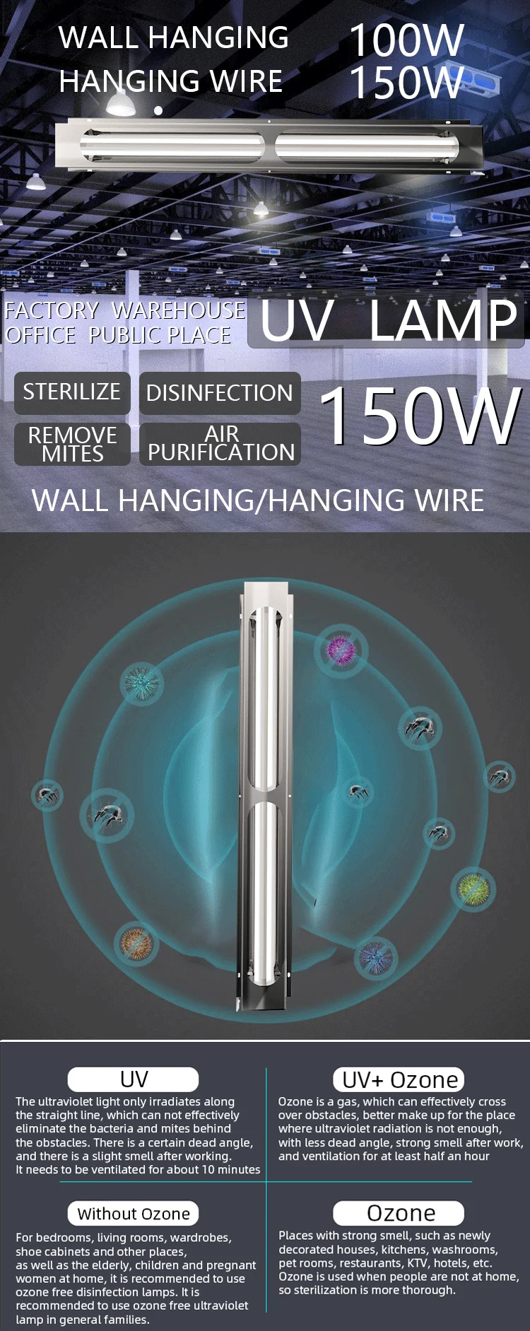 UV-C Lamp Kill Bacteria 150W Ozone Quaretz Remote Control Wall Mounted UV Disinfection Germicidal Lamp  With Motion Sensor