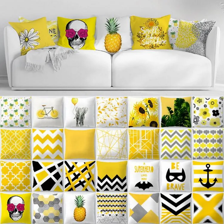 Custom Bright Yellow Colorful Cushion Covers Microfibre Geometric