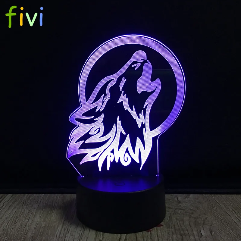 3D LED Lamp Wolf Head Bedtime Illusion Touch Lamp Night Light Dimmable 7 Colors Wolf Light Kids Bedside Lamp