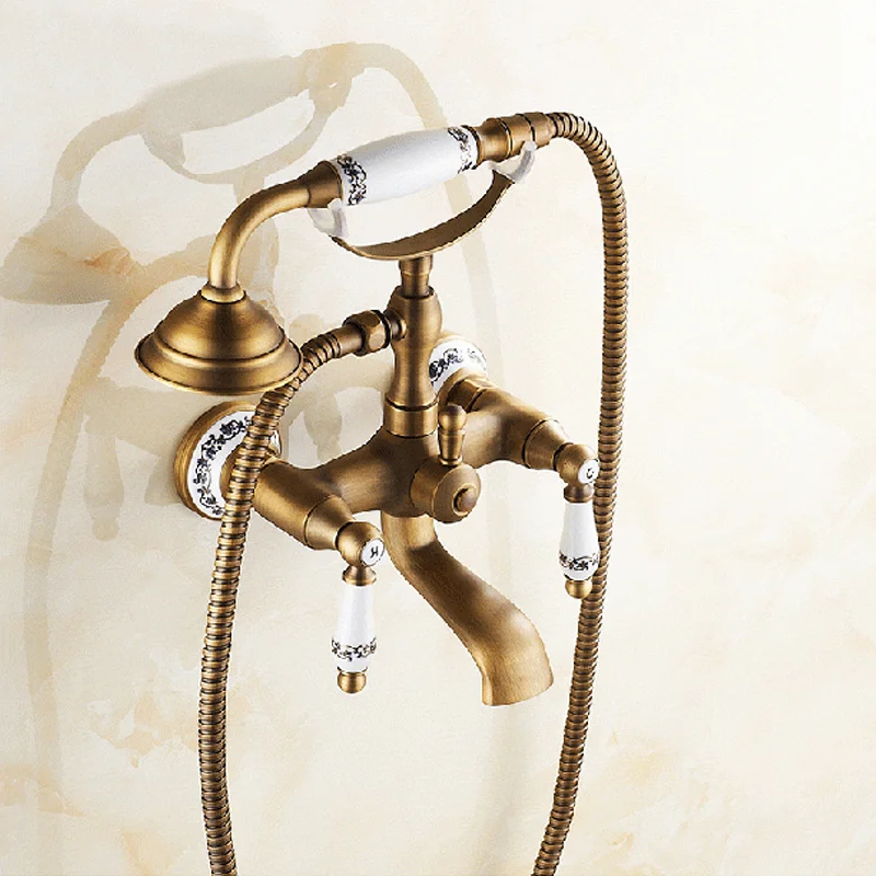 European Style Classic Design Double Handles Black Brass Wall Mount Bath Faucet Mixer Bathtub Shower