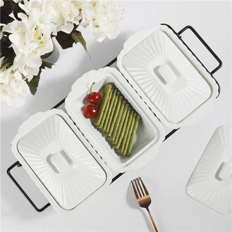 Wholesale bulk durable 3 compartment custom porcelain snack serving bowl set with iron rack.jpg