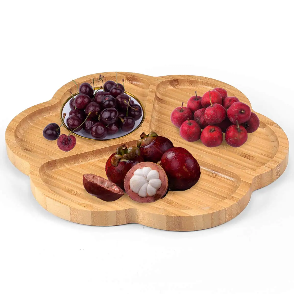 竹圆形托盘装饰咖啡茶拼盘使用花形竹板带分隔线的木制小吃托盘