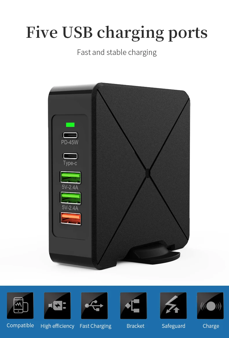 Multiple PD 75w Desktop 5 USB Ports  Charger Qi Fast Travel Adapter for Mobile phone