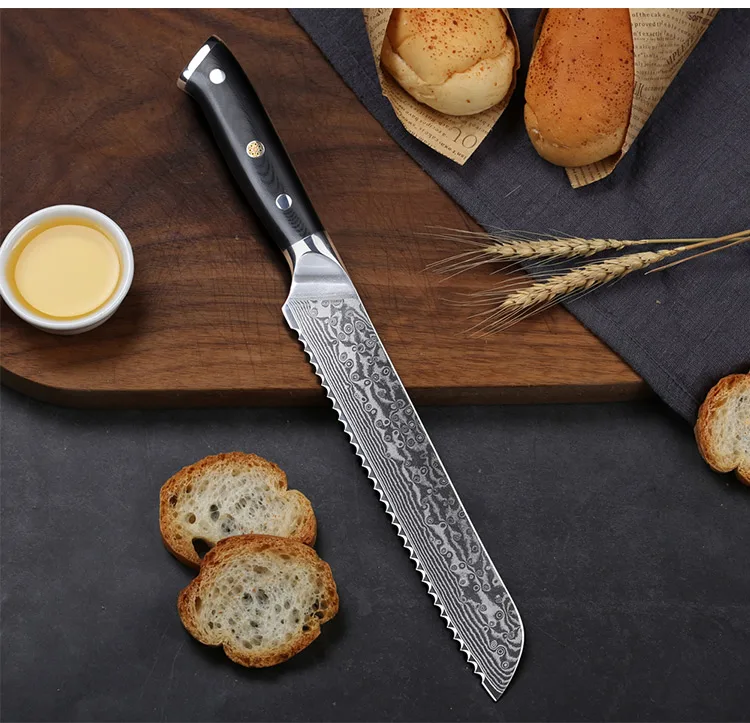 bread knife Slicing bread, cake, bagels, baguettes, boules, brioche, pastries, fruits, vegetables, sushi, steak and other soft food.