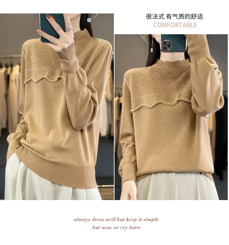 Winter New Vintage Half-Turtleneck Lace Base Shirt Women Fashion Pullover Sweater Anti-Pilling Korean Style Knitted Top