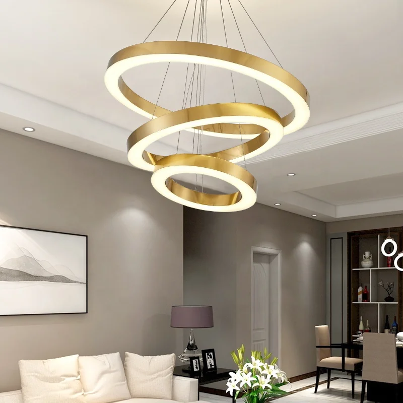 Nordic Aluminium Gold Metal Circle Led 3 Rings Pendant Light Chandelier For Home Decor