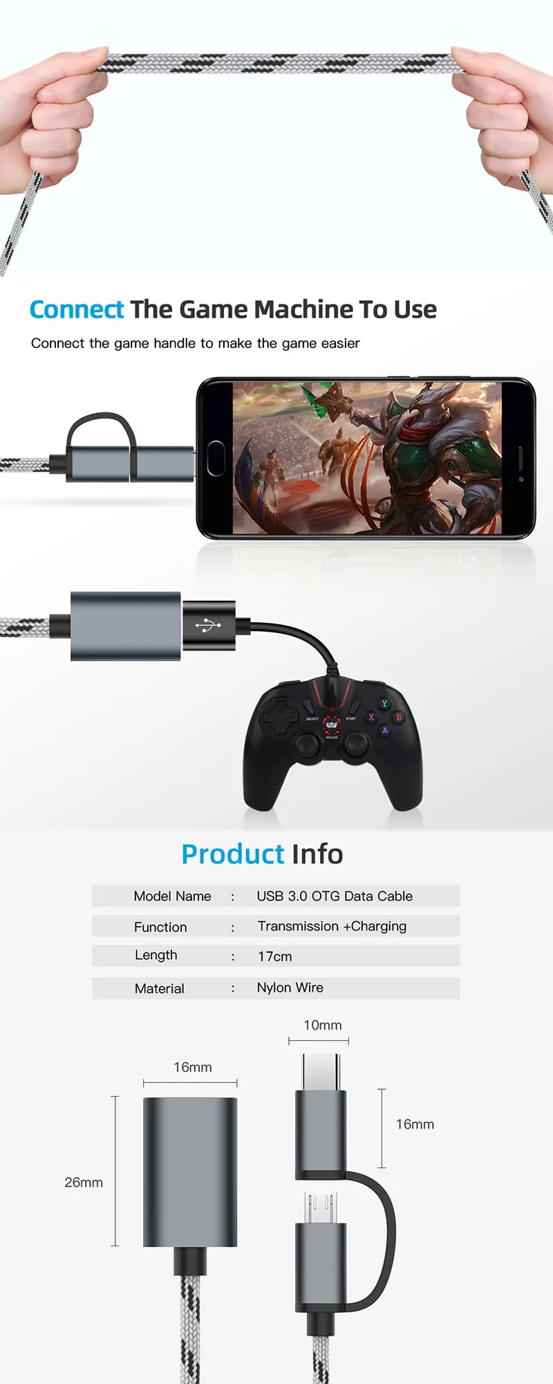 Eonline 2 in 1 USB3.0 OTG Adapter Cable Nylon Braid Micro/Type C Data Sync Adapter Cellphone Mouse Keyboard Connector for Huawei