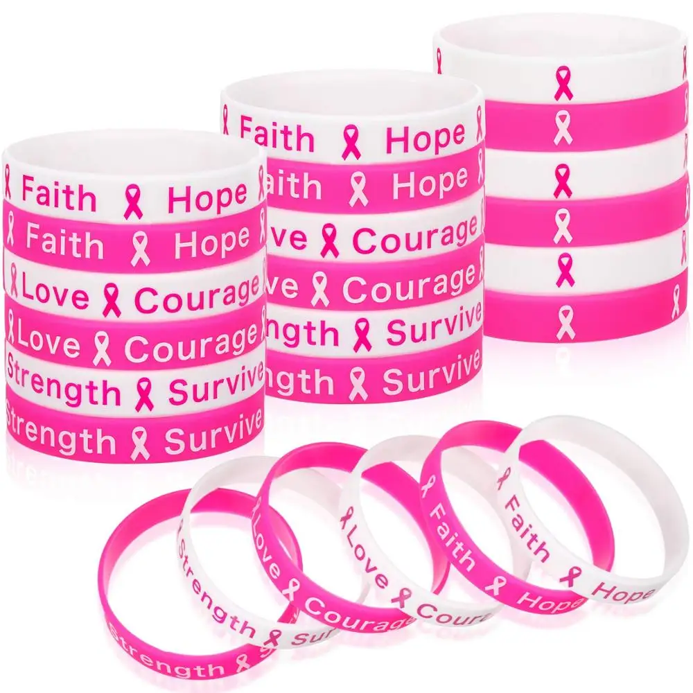 Custom Logo Pink Ribbon Bracelets Breast Cancer Awareness Bracelets Hope Faith Strength Courage